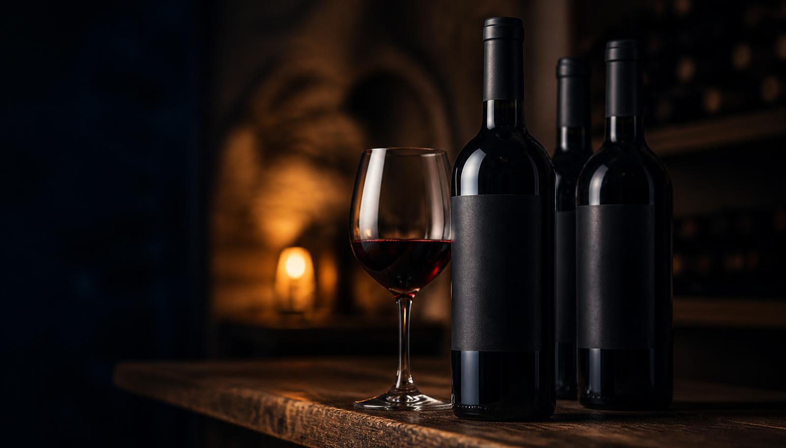 Botellas de vino y copa servida en la bodega del restaurante